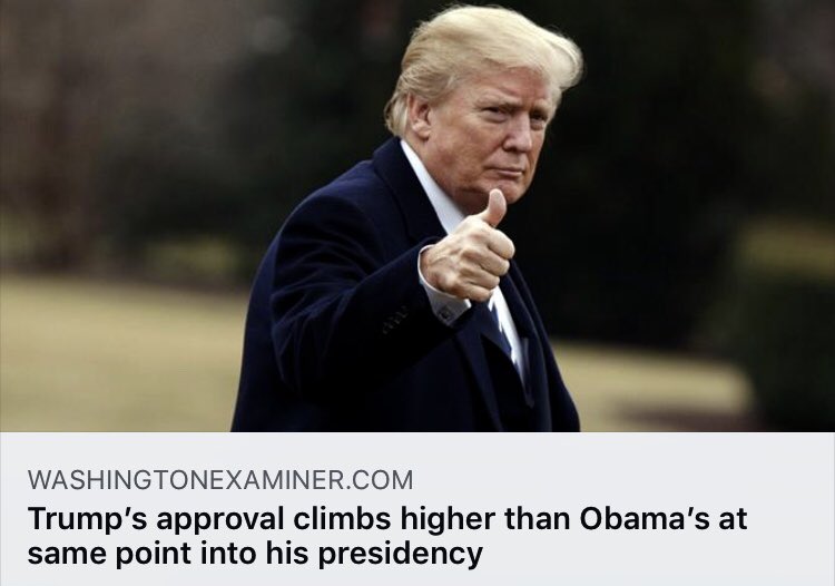 realDonaldTrump's tweet image. “President Trump's approval rate among likely U.S. voters hit 50 percent on Monday, which puts him higher than former President Barack Obama's score at the same point into his first term, according to a new poll.” Via: @Anna_Giaritelli @DCExaminer