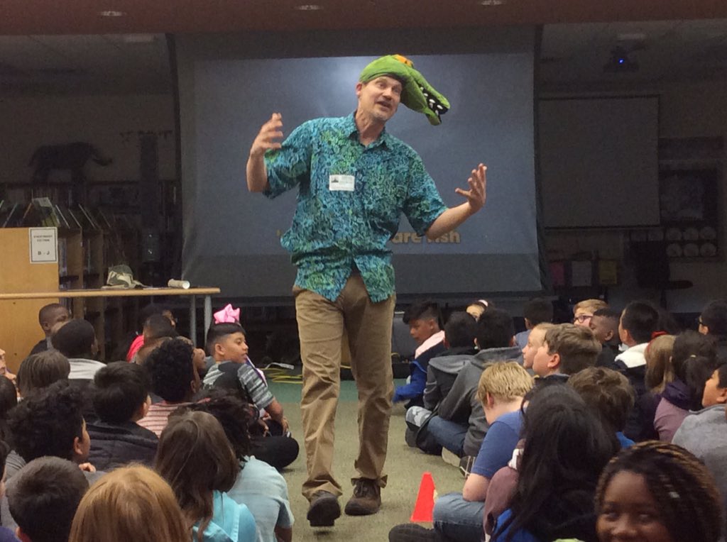 Library_Kienitz's tweet photo. @LGES_Gators Liberty Grove Gators rocked the Science TEKS in the Library today with the singing zoologist and author, Lucas Miller! #GISDLibraries https://t.co/XfguCYQlu1