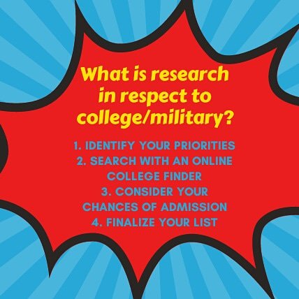 Make sure to to make any type of research on any type of college/military that you're interested in, it can help you out narrow down your decisions. For more info make sure to stop by the College and Career Room in room 6-103.