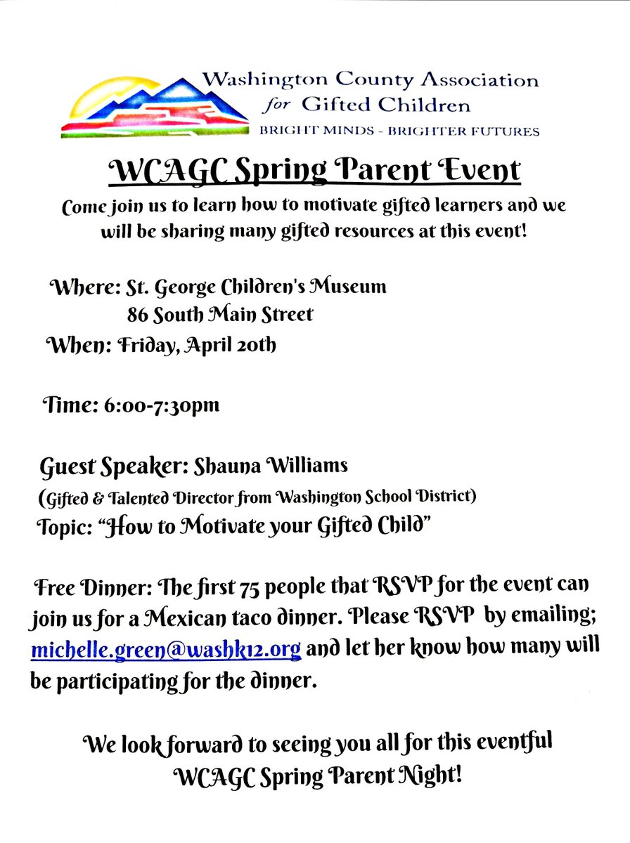 WCAGC SPRING 2018 PARENT EVENT!! 
For more information about WCAGC go to our website at: wcagc.weebly.com