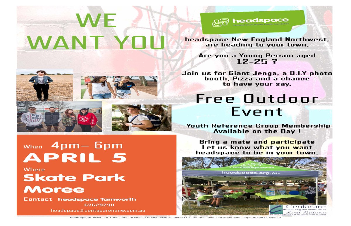 Free Outdoor Event for the youth of Moree Plains 
Join <a href="/Headspace/">Headspace</a> for giant Jenga, a DIY photo booth, pizza and a chance to have your say at the Moree Skate Park on 5 April 4pm - 6pm.