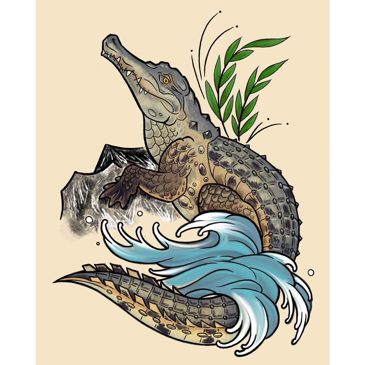 painting of an orinoco crocodile, full body profile facing left