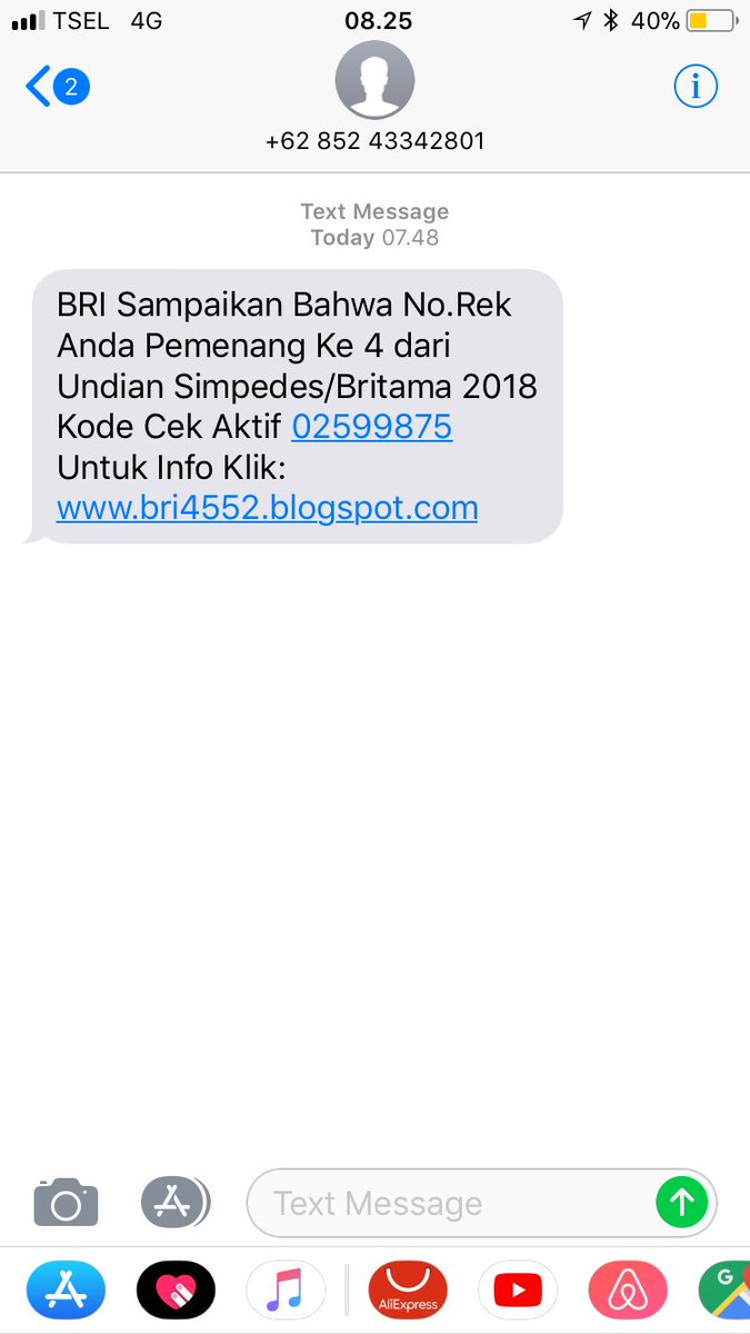ochelosye's tweet photo. @kontakBRI saya dpt sms menang undian bri seperti dibawah, indikasi penipuan ... mohon bantu tdk lanjut agar tdk ada korban https://t.co/MKGCfihRSR