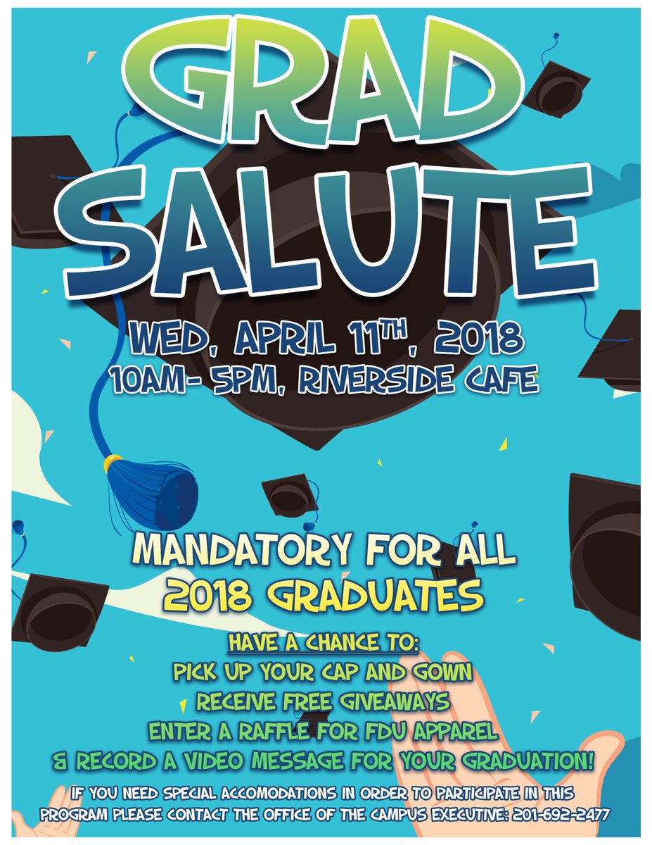 FDUStudentUnion's tweet photo. Attention All Graduates! Wed. April 11 is Grad Salute, come pick up your Cap and Gown at Riverside Cafe from 10am-5pm
👩🎓👨🎓🎓🎉
#FDUMetro #FDUStudentLife #FDUStudentUnion https://t.co/mAjLNsjXge