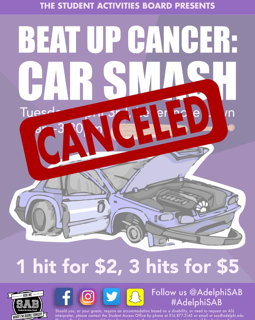 AdelphiSAB's tweet image. We are sorry to announce that the Car Smash tomorrow is canceled due to the forcasted rain. Stay tuned for updates on when this event will be rescheduled. #AdelphiSAB