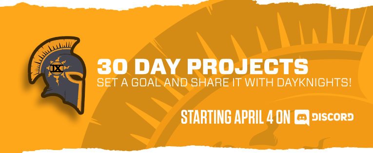day9tv's tweet photo. The DayKnight 30-day challenge is an event where you commit to a project for a month: share your goals, progress, and delays with a supportive community! Wanna get in shape? Finish that story? Learn programming? Share your project at the DayKnight Discord: https://t.co/BTkGRZvXCt https://t.co/y6641mPUgg