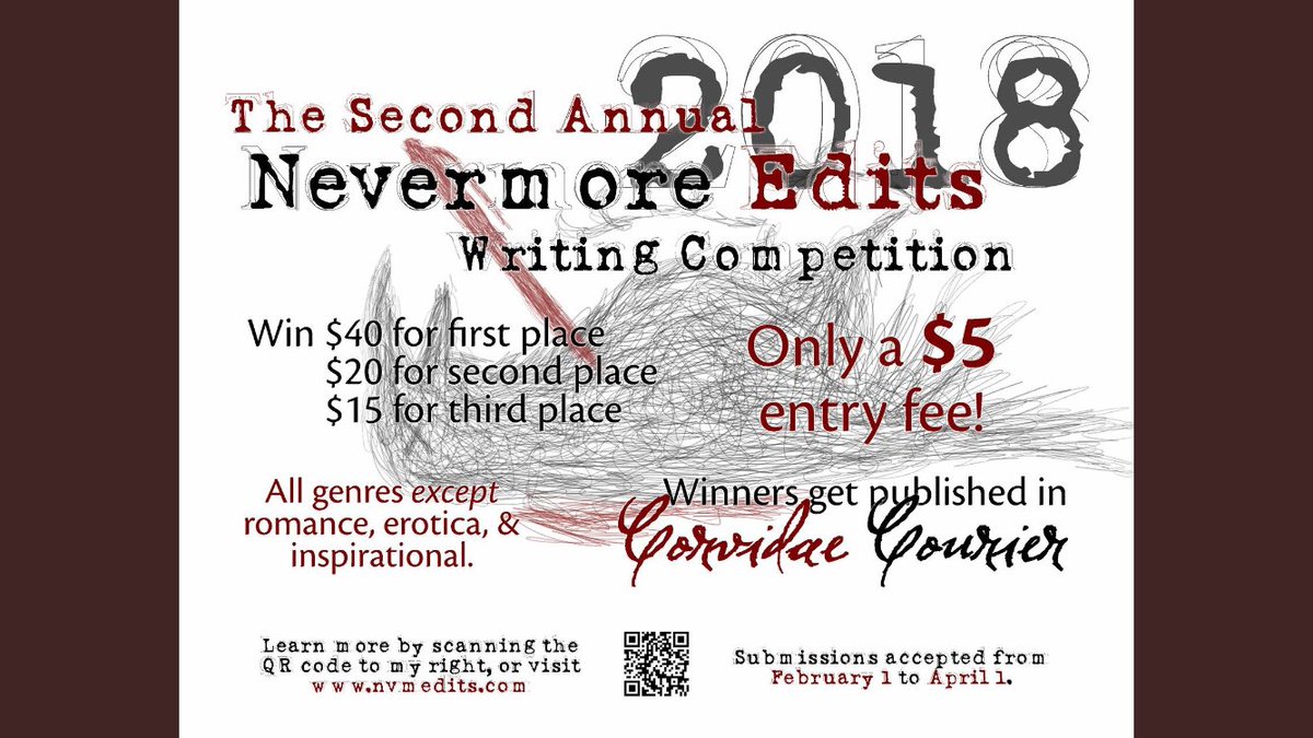 NevermoreEdits's tweet photo. Attention! The deadline has been extended to April 15th! Get us those flash fiction entries NOW! https://t.co/hz46huFlIJ