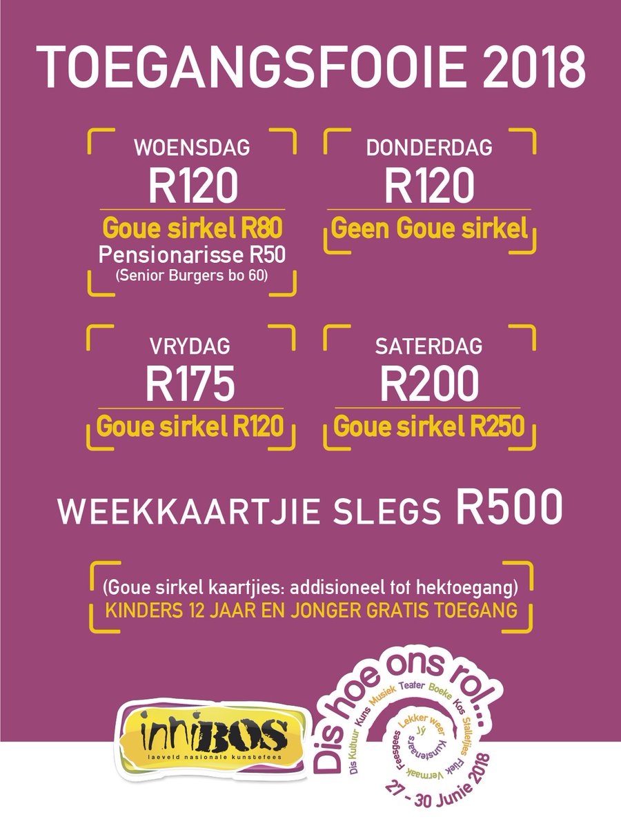 Dit was lekker vir ons om te sien hoe julle almal die Paastyd geniet het! Ons almal rol nou behoorlik na al daardie paaseiers. Hier is 'n vinnige opsomming van die Feesterrein toegansfooie vir #Innibos2018. Kry jou kaartjes hier - bit.ly/2CP91U1