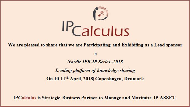 ipcalculus's tweet image. We are pleased to announce that we are Participating and Exhibiting as a Lead sponsor in Nordic IPR-IP Series,  On 10-11th April, 2018 | Copenhagen, Denmark.

IPCalculus is Strategic Business Partner to Manage and Maximize IP ASSET. ipcalculus.com