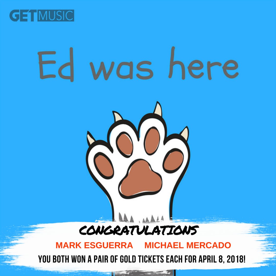 UMG_PH's tweet photo. Congratulations to MARK ESGUERRA and MICHAEL MERCADO for winning a pair of Gold-Standing Tickets each for April 8, 2018! Thank you for following/streaming #EdWasHere and #NakakaLSS Playlists on Spotify. #GETMUSICPH https://t.co/YlbVYedNgu
