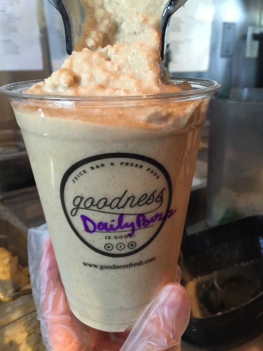 GoodnessFresh's tweet photo. The perfect way to get your jolt in the a.m. -- Daily Buzz Smoothie made with house toddy, peanut butter, organic chocolate, banana, agave, chia seeds, organic whole milk. (Energy boost, digestive aid, high fiber, protein, potassium) #goodnessfresh #buzz #coffee #tucson #smoothie https://t.co/4Uyg1ldKol