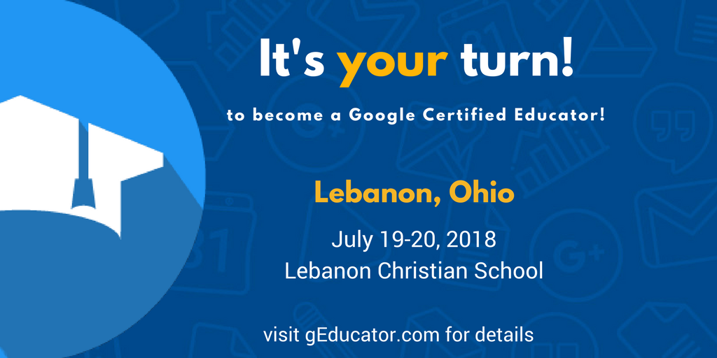 g_educator's tweet photo. This summer @jrsowash will be leading a Google Certification Academy outside of Cincinnati, OH! If you are using Google products in the classroom this event will help you become a Google Certified Educator! Visit https://t.co/cmKERWsbE8 for details! #ohedchat #GoogleEDU https://t.co/k9OJ39jk74