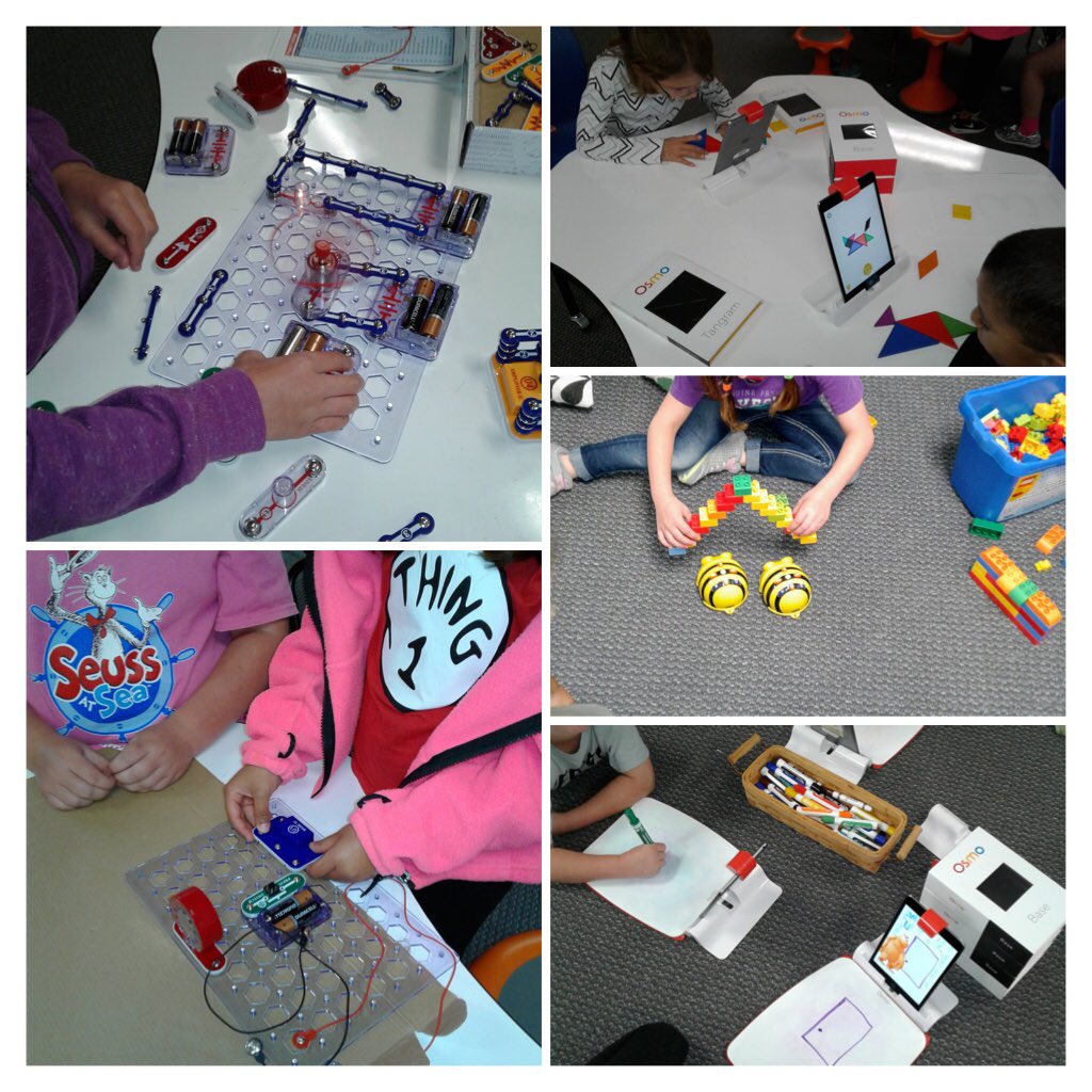 Makerspace today with 1st grade. Ss worked with electrical snap circuits, Osmo Monster and Tangram, and knocked down LEGO structures by programming Bee Bots. Fun yet simple rotations! #makerspace #MakerEd #makerspaces #STEAMMakers  #makerspacesinschool