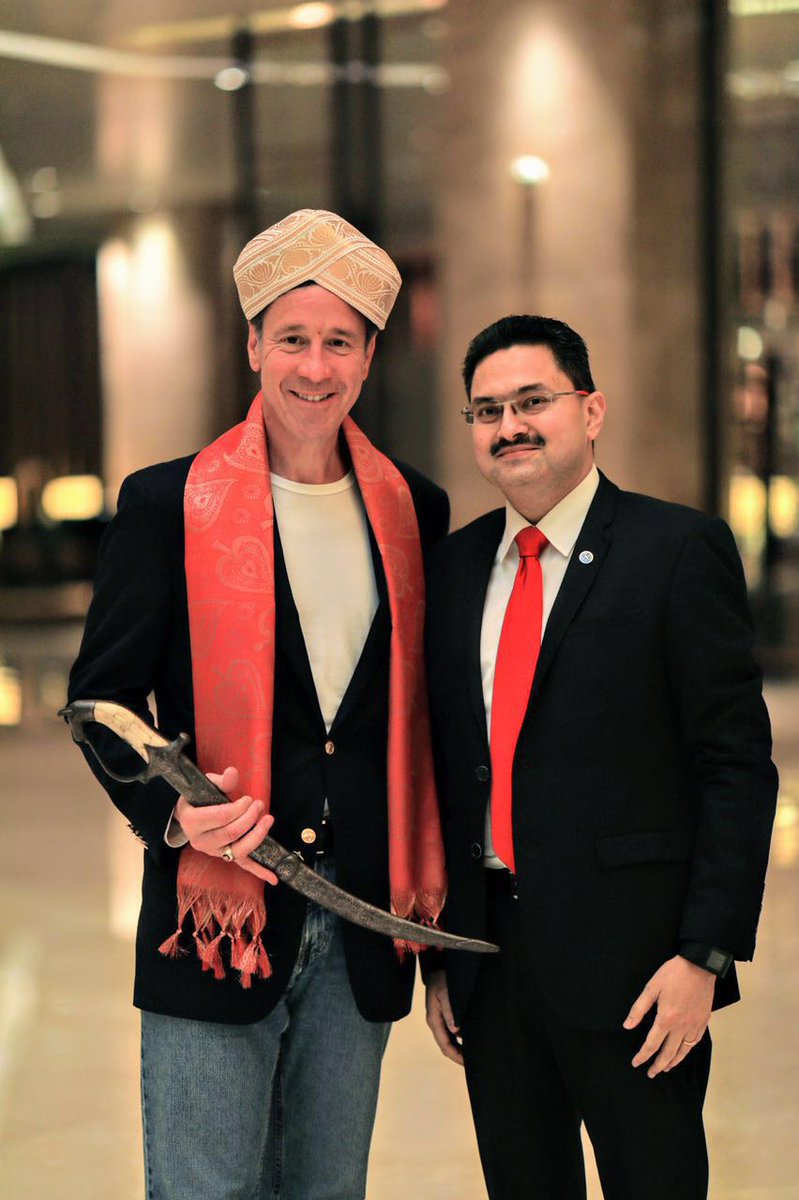 CraigS_Smith's tweet photo. Thank you @SheratonBlore team for welcoming Arne and me with the traditional Mysore Peta (Turban) and sword! #GoBeyond https://t.co/4mPJokOobG