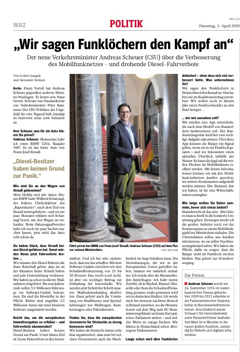 „Wir sagen Funklöchern den Kampf an“, sagte Bundesminister @AndiScheuer der <a href="/WAZ_Redaktion/">WAZ</a>. @BMVI