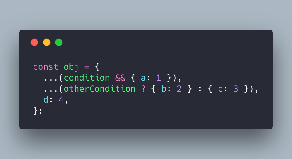 JonathanZWhite's tweet photo. TIL you can conditionally spread properties in an object 😍 https://t.co/x0OHmrDHyS