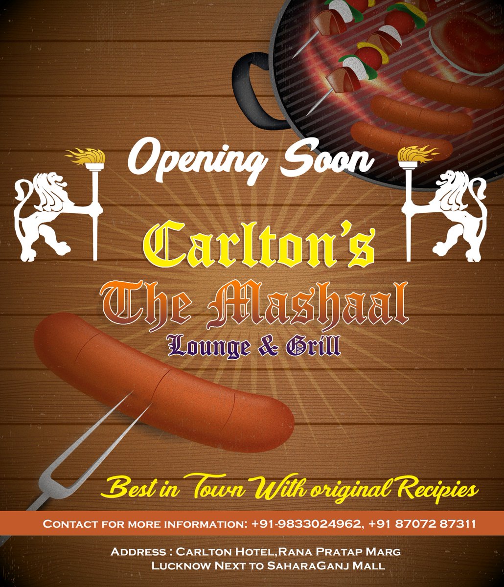themashaalloung's tweet photo. Raise a toast to life and Cheers to the good times that are about to follow. Carlton's The Mashaal Lounge &amp; Grill  Coming Soon with great  taste..
Reach us at: +91-9833024962, +91 87072 87311
Address : Carlton Hotel, Rana Pratap Marg 
 Next to SaharaGanj Mall Lucknow https://t.co/v4PUqEZ7Qa