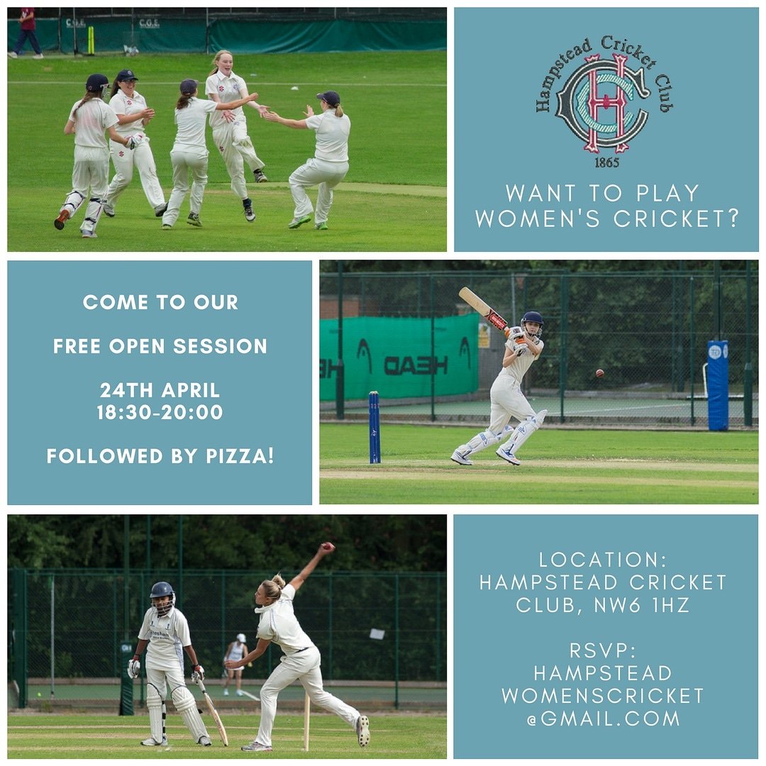 Want to play women's #cricket? 

Join us for a free open session 24th April 18:30-20:00

Whether you're a total beginner or a more experienced player looking for a challenge, we'd love to see you there.

Please retweet to spread the word! 

#WomensCricket #ThisGirlCan #Hampstead