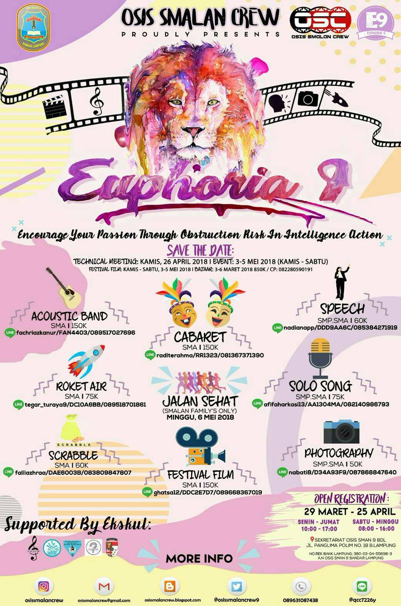 ☎General Contact Person: 
.Khusnul: 089632186095/khusnulkholuq
.Rafi Eka: 0895372161904/rafiekaa
.Rahilla F: 08154052738/rahillaazzahra  
.Merry A: 089631087438/merryalizaa
📆Registration :
March 29th - April 25th
Monday-Friday: 10.00 - 17.00
Saturday-Sunday: 08.00 - 16.00