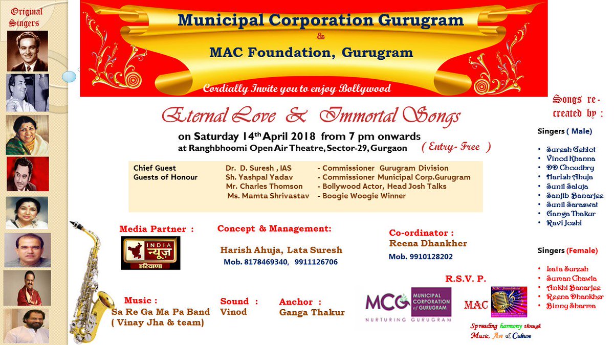 charlessthomson's tweet photo. Everyone from Gurugram and surrounding areas warmly invited on Saturday 14th April 18 at 7 pm to a free musical concert being organised by MAC Foundation Musical Group. Jai Bharat #Gurugram #Indianmusic #GurgaonFirst #MACfoundation #freeconcert2018 #MunicipalCorporationGurugram https://t.co/2V9n7STgWW