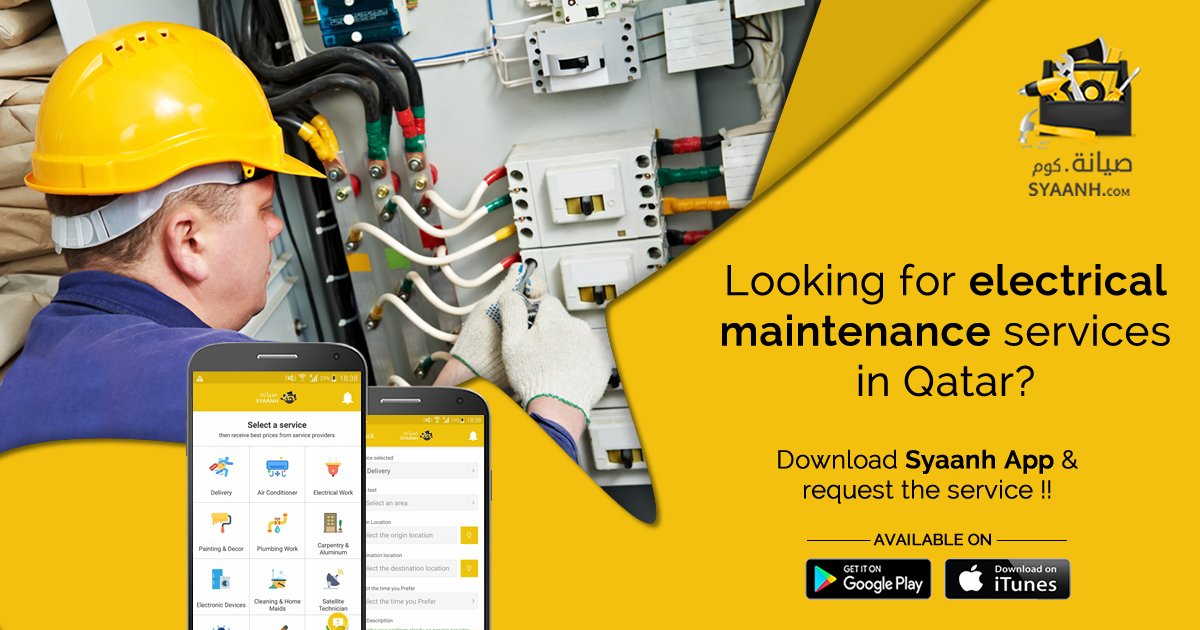 syaanhcom's tweet photo. Do you need electrical maintenance services for your home, commercial or industrial business?
Download Syaanh app & request the service: https://t.co/0yMncjpf7j
#Home_services #Maintenance #qatar #syaanh #Doha #electronicdevicesmaintenance #electronicmaintenance #electronicfix https://t.co/RIQaOLjBEZ
