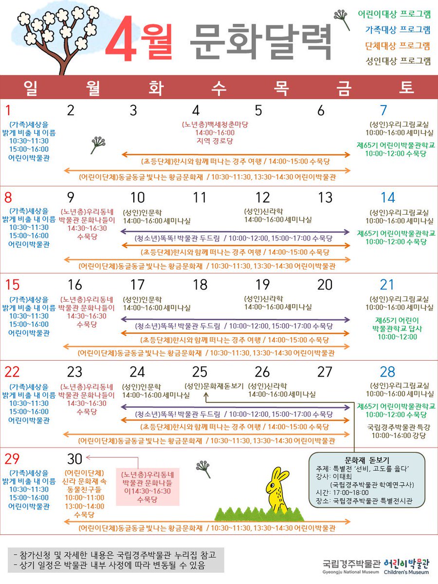 [#국립경주박물관알림]
한눈에 보는 국립경주박물관의 4월 교육 및 행사^^
교육 안내 및 신청을 원하시면 클릭! 클릭!
gyeongju.museum.go.kr/kor/html/sub03…