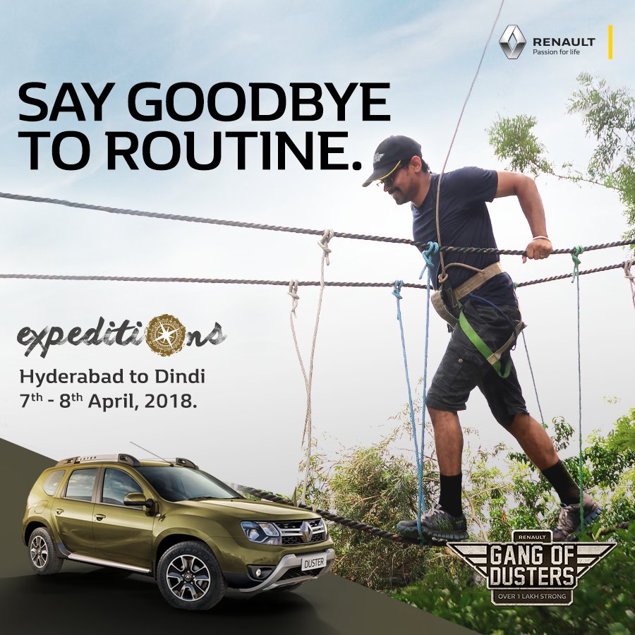 RenaultIndia's tweet photo. Make adventure your new thrill as the #GangOfDusters embark on an exciting #ExpeditionDrive from Hyderabad to Dindi.
Click here to register: https://t.co/7dCkjhKCQz or give a missed call on 0120-6262628. https://t.co/cCFGpvmGbM
