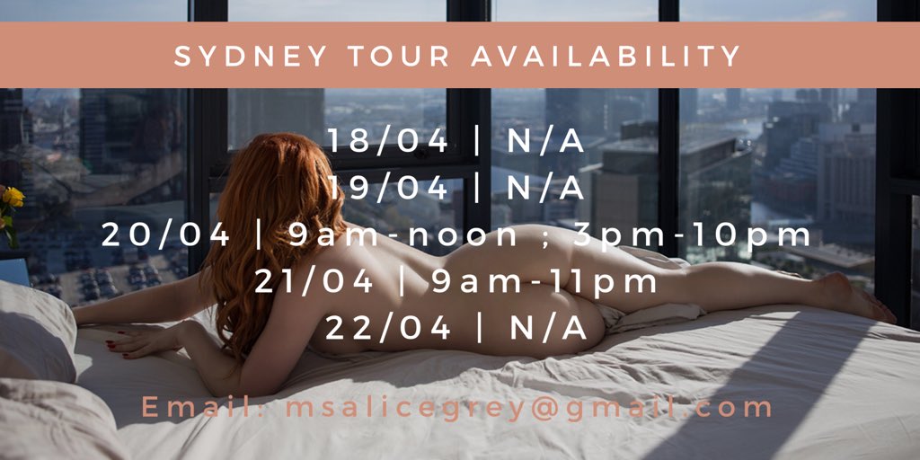 TheAliceGrey's tweet photo. I adore my Sydney lovers so much, that I made an extra day for them - and it filled straight away! Pre-book now to lock in a moment to remember for a lifetime.

Thank you,
Alice
Xx

📸: @Dirt_Erotic 
📱: 0487031061 (SMS Only)
💌 : msalicegrey@gmail.com

#alicegrey
#sydney https://t.co/NSBuVd5rou