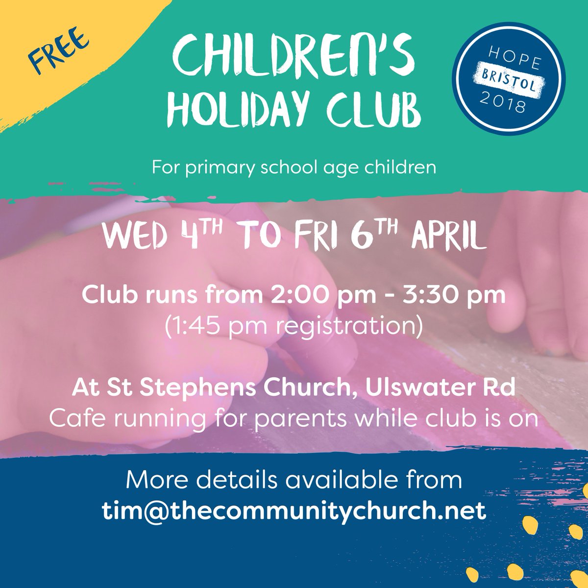 CommuntyChurch's tweet photo. Free Children's holiday club starts tomorrow afternoon, for all those at primary school. Meet at St Stephens Church to register at 1.45pm @GreenwayCentre @TheMeadBS10 @SouthmeadDT @SouthmeadYouthC https://t.co/WFA1mG9N6B