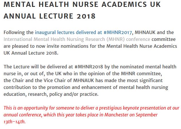 MHNRconf's tweet image. Nominations are welcome, until 27 April, for the 2018 @MHNAUK Annual Lecturer: a huge opportunity for a mental health nurse making a contribution to education, research, policy and/or practice.
Info here: mhnauk.wordpress.com/2018/02/19/men…
Please consider nominating, and please RT #MHNR2018