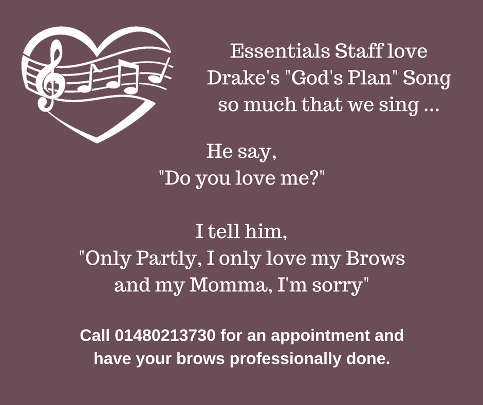 EssentialsHB's tweet photo. Essentials staff love Drake's God's Plan song much that they have cover version of the lyric ... We hope that Drake approves. #essentialshb #stneots #beauty #brows #drake #godsplan https://t.co/Z543jCqzYe