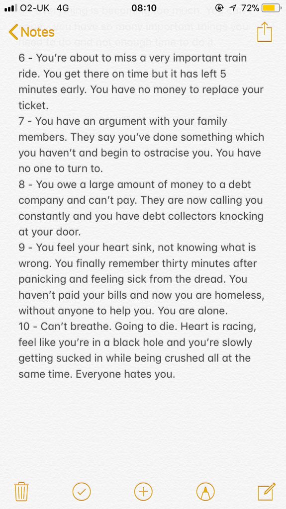 So my boyfriend was witnessing one of my high anxiety attacks over the weekend and he asked if I could make a scale out of 0-10 so he could understand how I was feeling. 

Thought I’d post this to help others who don’t know how to explain the feeling. Everyone is different! 💕✨