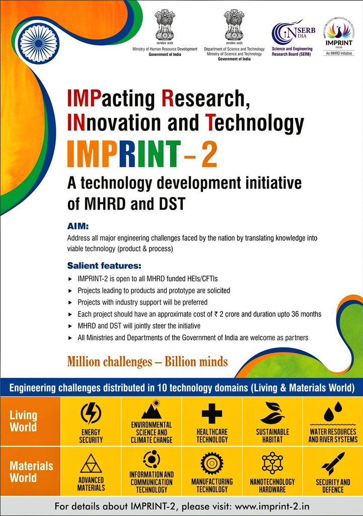 iSushilPandey's tweet photo. PM @narendramodi 's vision to encourage research & innovation in the country, #IMPRINTII has been launched. It will address all major engineering challenges faced by the nation by translating knowledge into viable technology (product & process).
#TransformingIndia https://t.co/L2qZuBGGob