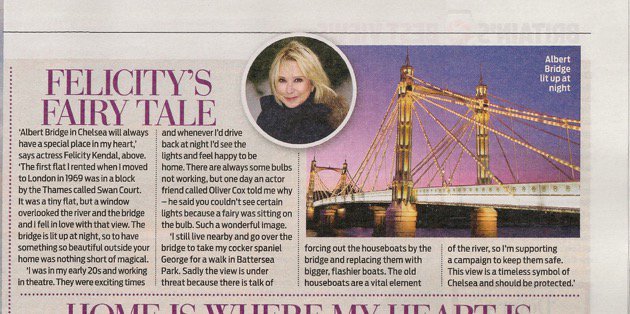 My ghosted piece with Felicity Kendal in Weekend magazine about her favourite view. Help keep the Chelsea boats <a href="/chelseaboats/">Chelsea Houseboats</a> afloat.