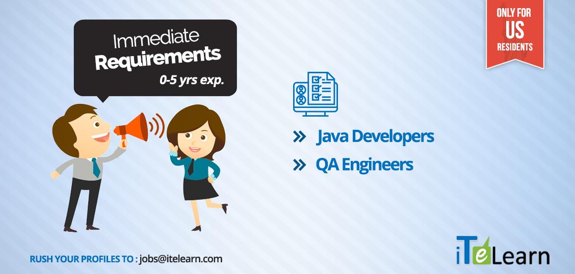 ITeLearn's tweet image. Urgent #Requirements for #Java_Developers/ #QA_Engineers (within #USA). Interested rush your #profiles to jobs@itelearn.com or rukhsana.m@varkasa.com