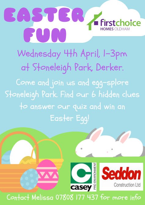 Join in the Easter fun, wed 4 April between 1-3pm from the park cabin <a href="/FirstForFCHO/">First Choice Homes Oldham</a> <a href="/melissabFCHO/">melissa buckley</a> <a href="/seddonltd/">Seddonltd</a>
