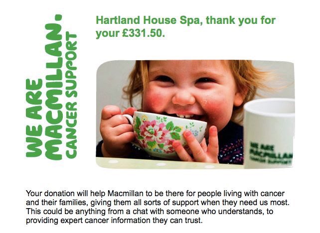 HartlandHouse's tweet photo. It's official, our donation to Macmillan Cancer Support has gone through!  I just wanted to say another huge thank you to everyone who supported our coffee morning.  #letsmakeadifference #macmillan #coffeemorning https://t.co/Lwvzo9qOKi