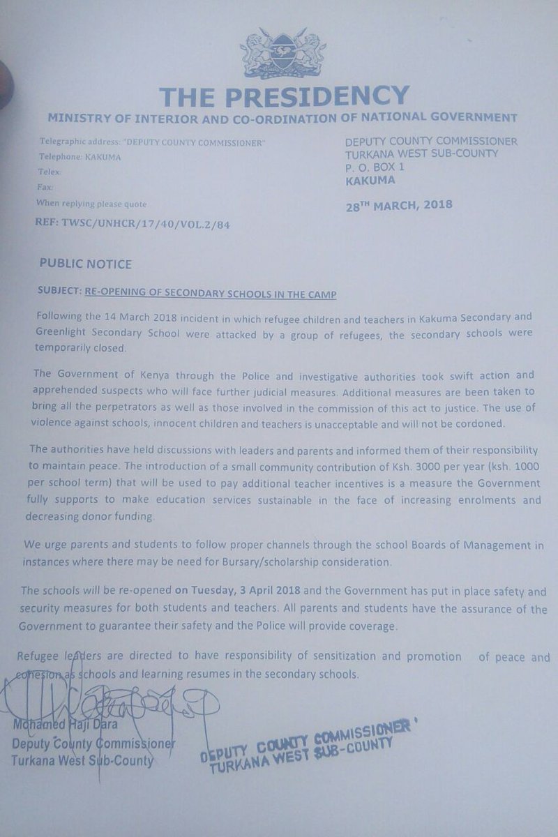 Refugees in Kakuma told to pay equivalent of $30 annually as a 'small' school fee. 
<a href="/UNHCR_Kenya/">UNHCR KENYA</a> <a href="/KTNNews/">KTN News</a> <a href="/RobertAlai/">Robert ALAI, HSC</a> <a href="/LWF_Ke/">LWF Kenya-Somalia</a> <a href="/RadioMiraya/">Radio Miraya</a> <a href="/YVKakuma/">YouthVoicesInKakuma</a>