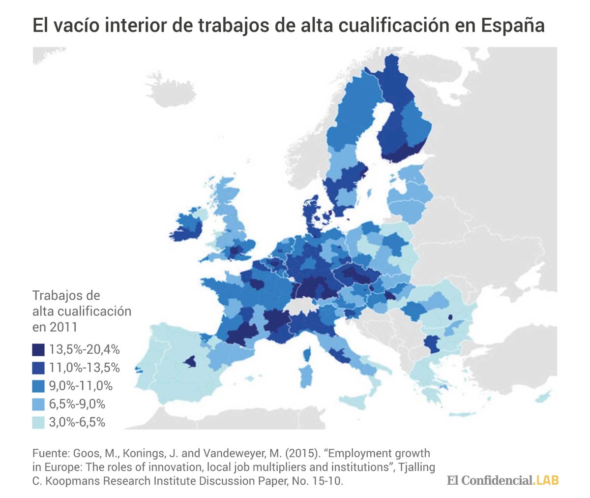elOrdenMundial's tweet photo. Los empleos cualificados acaban concentrándose en grandes ciudades y capitales europeas. Destacan Londres, París y sobre todo Madrid, por lo contrastado que está con respecto al resto de España.
Vía @mohorte https://t.co/Dagvx6C7so