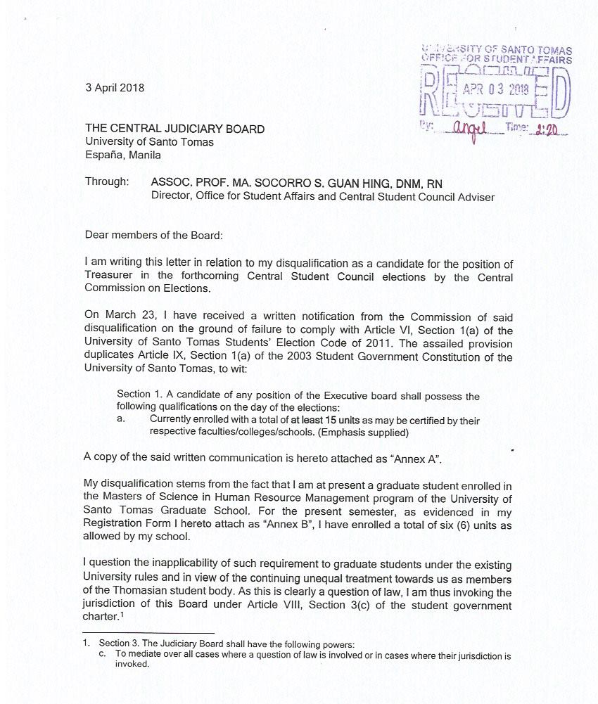 TomasinoWeb's tweet photo. READ: Disqualified treasurer candidate Rome Voltaire Gomez files appeal against his disqualification from the elections. #USTHalalan2018 #RightClick2018 https://t.co/aaRbemS6yU