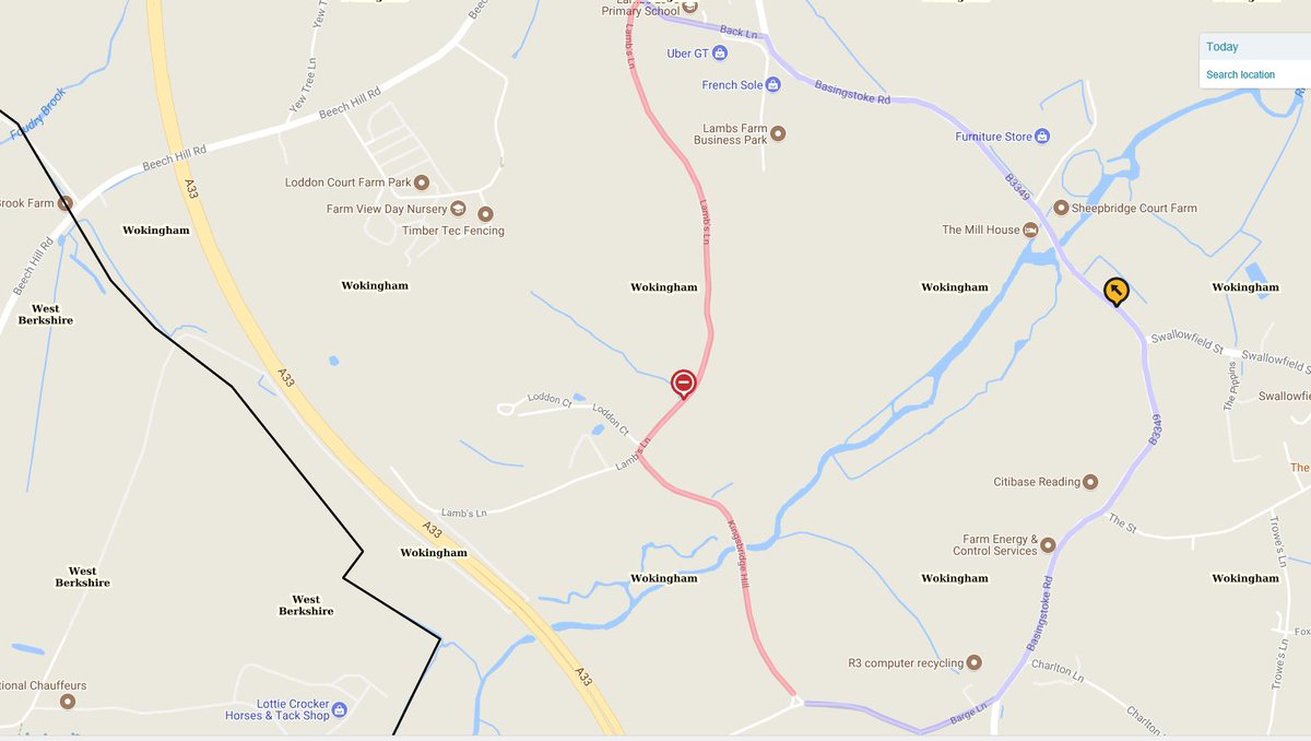WokinghamBC's tweet photo. Lambs Lane and Kingsbridge Hill are closed between their junctions with Back Lane and Barge Lane due potholes. These repairs are being delayed by standing water https://t.co/OAMa1W2SN2 https://t.co/eZyQZfgfK4