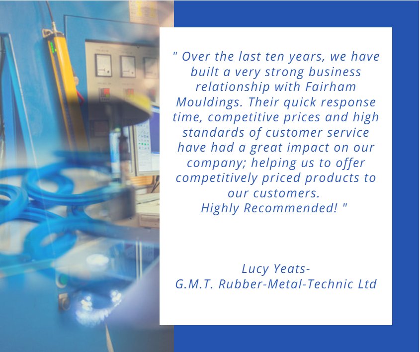 fairhammoulding's tweet photo. It is always great to hear what our customers think of us! 😀
Contact us today to discuss your own precision rubber component needs.
Tel 01254 663642 or drop us an email to enquiry@fairham.com #rubbercomponents #ManufacturingServices https://t.co/y4qfjJHB47