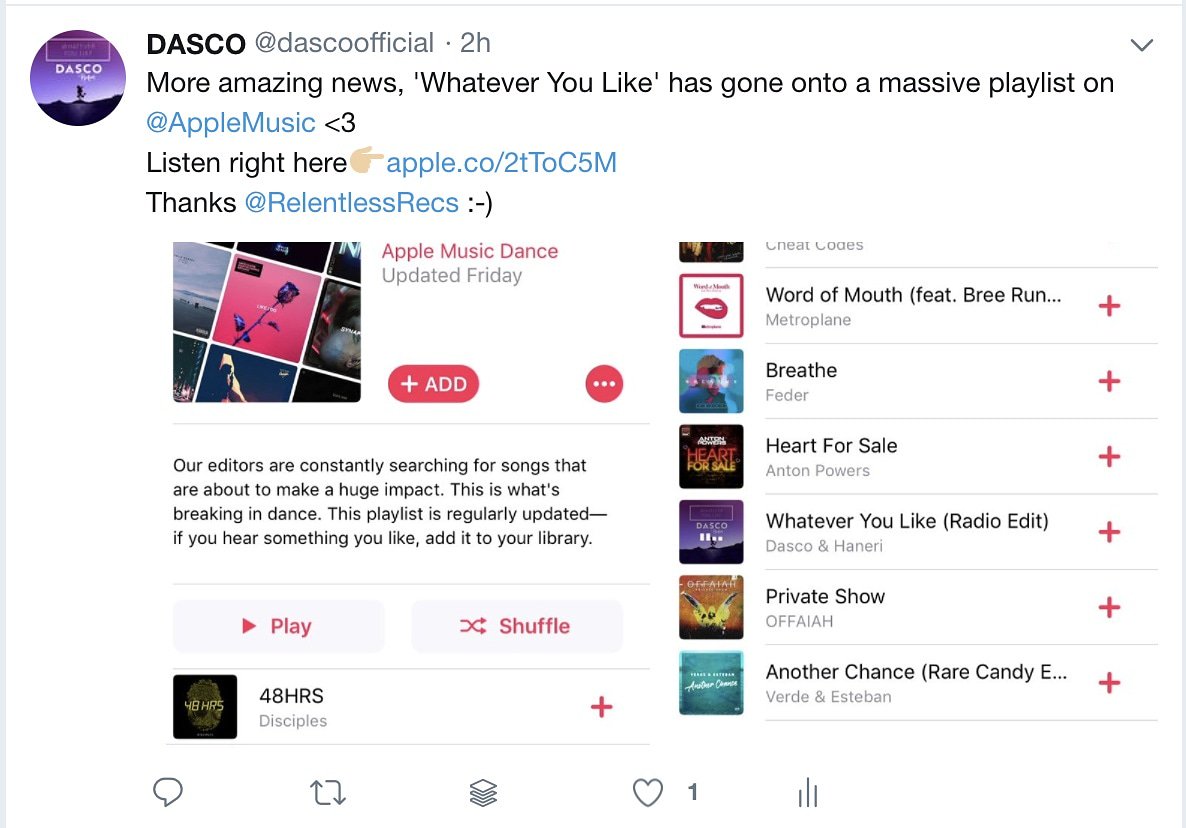 Thanks <a href="/AppleMusic/">Apple Music</a> for featuring our new single 'Whatever You Like' on such a big playlist with so many great artists. 😘