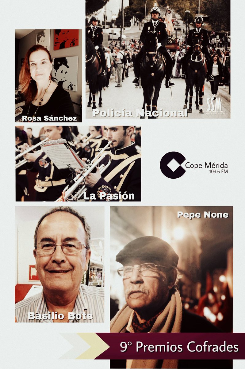 COPEMERIDA's tweet photo. Gala de los 9º #PremiosCofradesMérida 

📆 Viernes 6 de abril
📍 C. Cultural de Nueva Ciudad
⏰ 21:30 

Premiados: 
🏆 Rosa Sánchez
🏆 @policia 
🏆 Pepe None
🏆 @LaPasionMerida 
🏆 Basilio Bote https://t.co/ermSZltFa3
