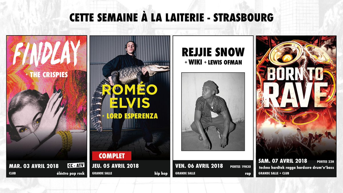 Laiterie's tweet photo. En #concert cette semaine à La #laiterie #strasbourg : #findlay , #romeoelvis , #rejjiesnow, #borntorave
Infos complètes et billetterie> https://t.co/UQKmpVQNgl https://t.co/34Ls6UPGYN