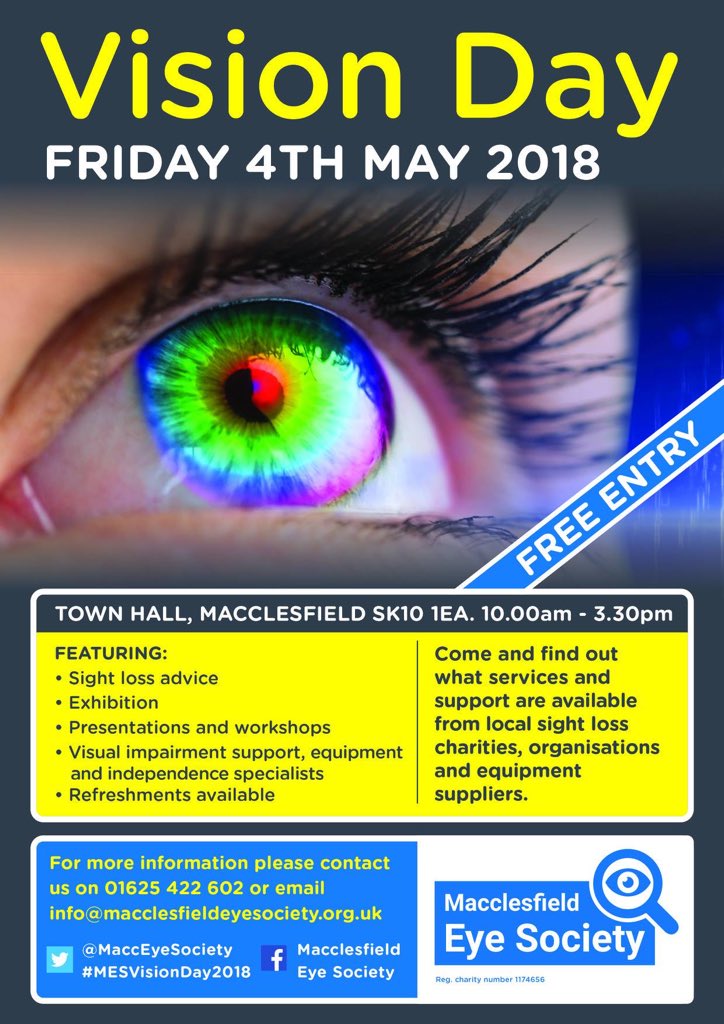 ECEyeSociety's tweet photo. Vision Day 2018 Friday 4th May 10.00am - 3.30pm @ Macclesfield Town Hall

Sight loss advice experts, organisations and equipment suppliers - Free Entry 

#Macclesfield  
#Congleton
#Wilmslow
#Poynton 
#Knutsford
#AlderleyEdge
#Prestbury
#Bollington
#Disley 
#EastCheshire
#Charity https://t.co/ogR3p5yiRE