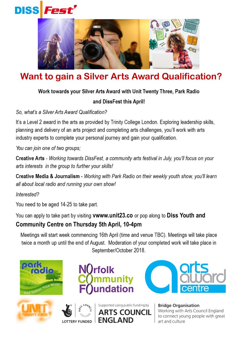 Come and say "Hi" at Diss Youth Centre today from 10am to find out more abut completing your #SilverArtsAward this year! #DissFest #ParkRadioDiss
