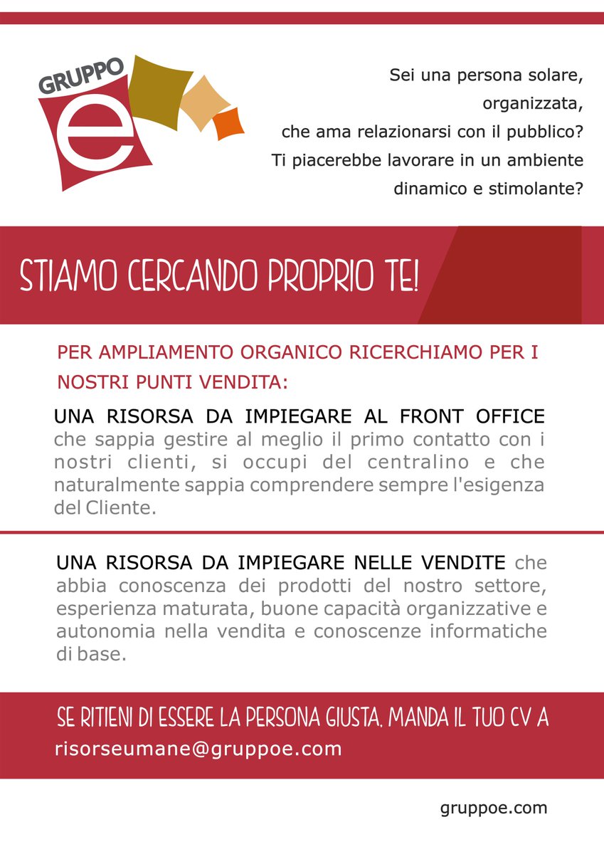 GruppoEsrl's tweet photo. Per ampliamento organico filiali del gruppo ricerchiamo nuovi collaboratori.
#offerta #lavoro https://t.co/Jj4LVkK8gr