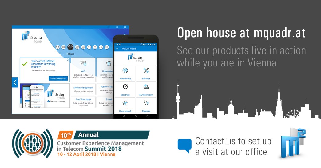 mquadr_at's tweet photo. Will you be @ALCustExp - CEM in Telecom Summit 2018 #CEMtel in #Vienna? Then, come to our open house at #mquadr_at! Contact us to get an insight into our #InternetSelfCare solutions. #CEM #CustomerExperience #m2suite https://t.co/9nzcos3zFI