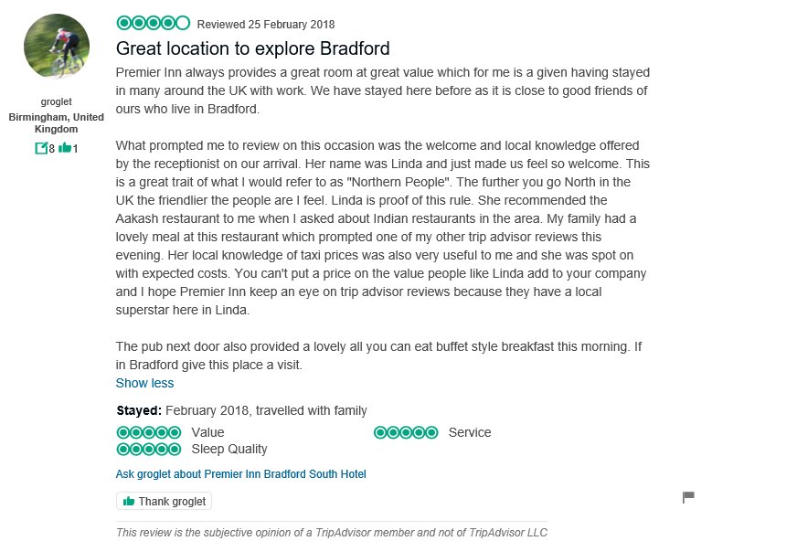 Great TA review for our "local hero" Linda - Northern hospitality at it's best #itsjustwhatwedo #dashforthecash #gww <a href="/AndyFr4ncis/">AndyFr4ncis</a> @WYBorn_Bred <a href="/SDEBDD/">simon ewins</a>